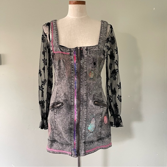 We The Free Upcycled denim overall dress Sashiko embroidered handmade size 12 - Picture 1 of 13